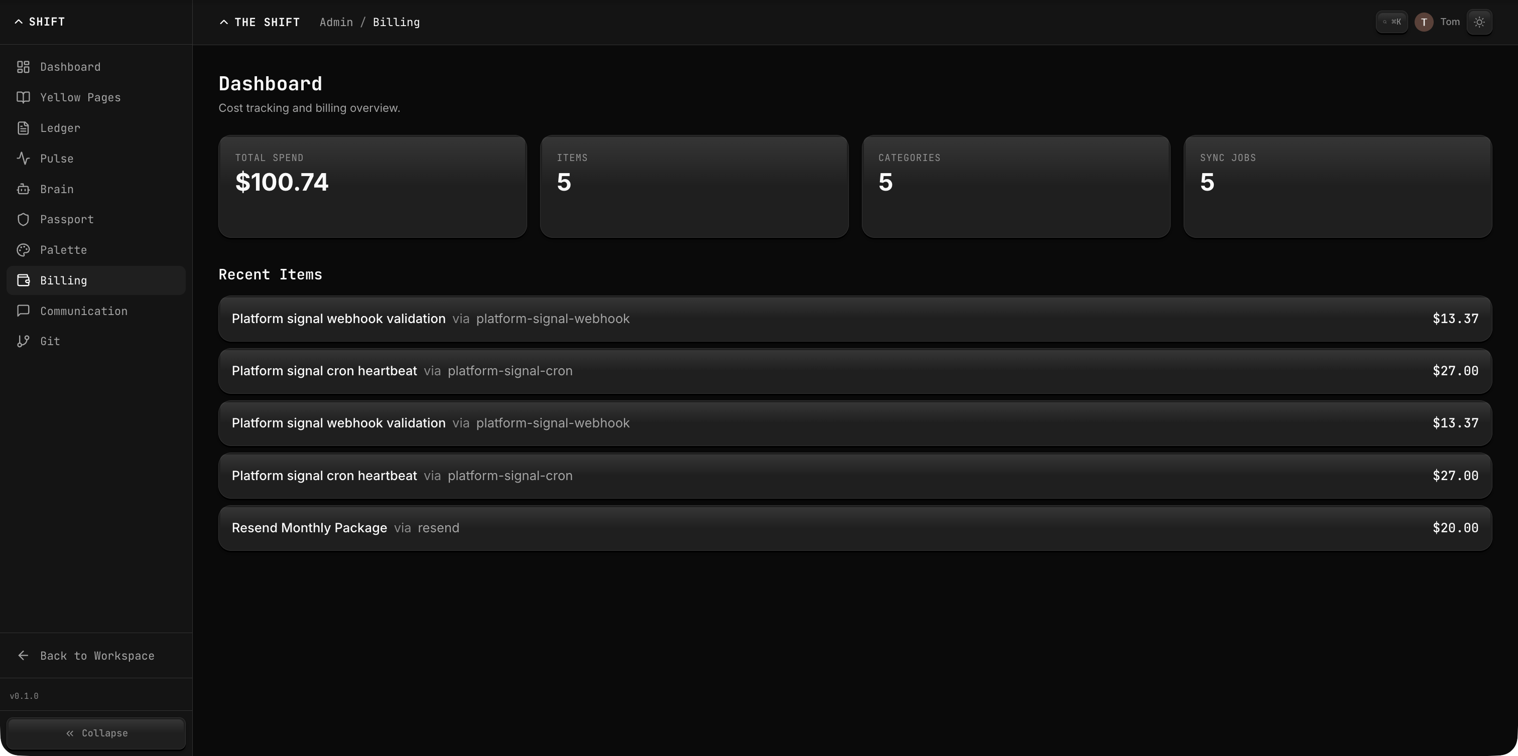 Billing admin dashboard showing total spend, items, and categories