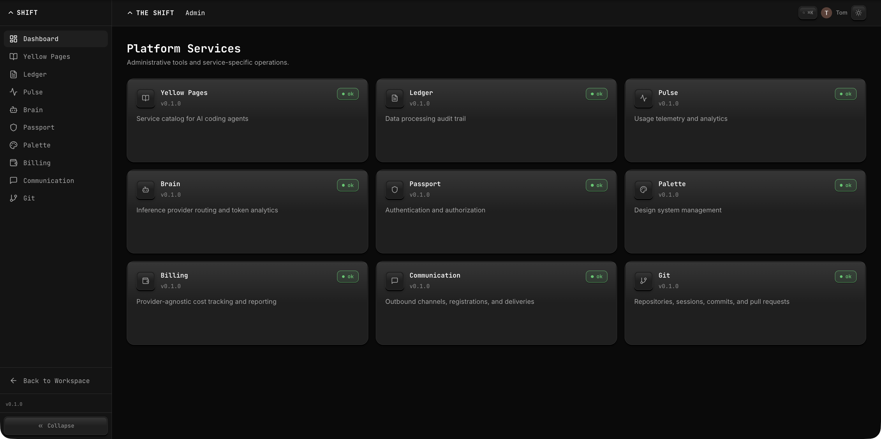 The Shift admin dashboard showing all platform services with health status