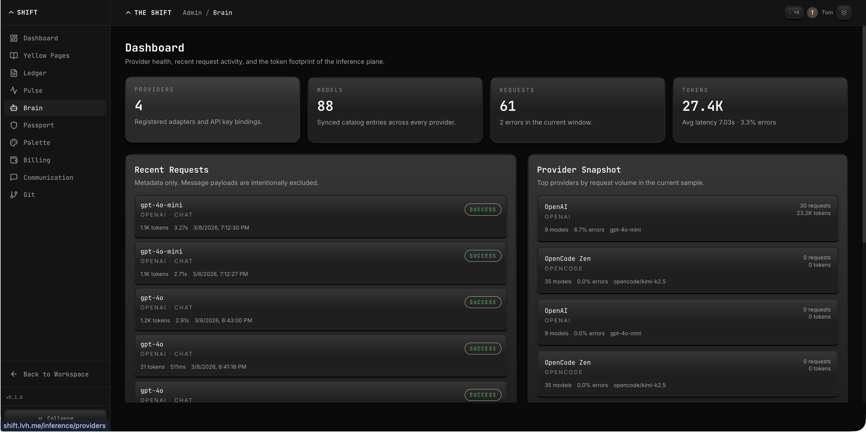 Inference admin dashboard showing providers, models, requests, and token usage