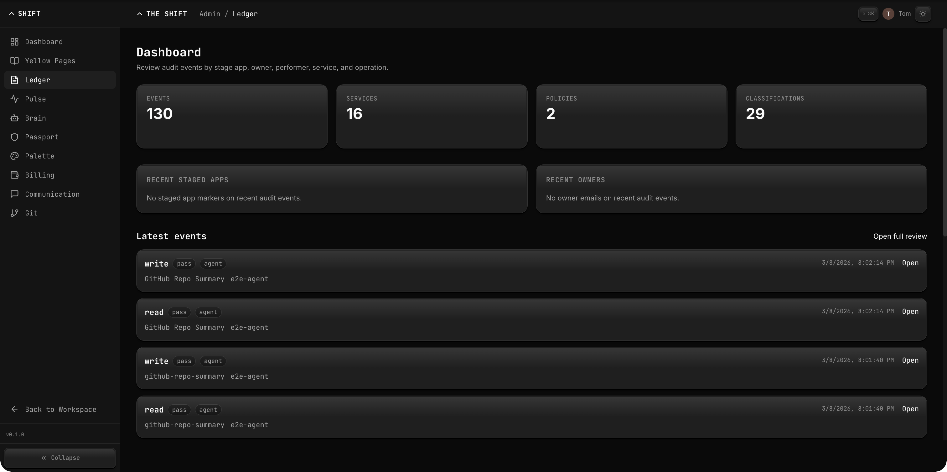 Ledger admin dashboard showing audit events, policies, and classifications