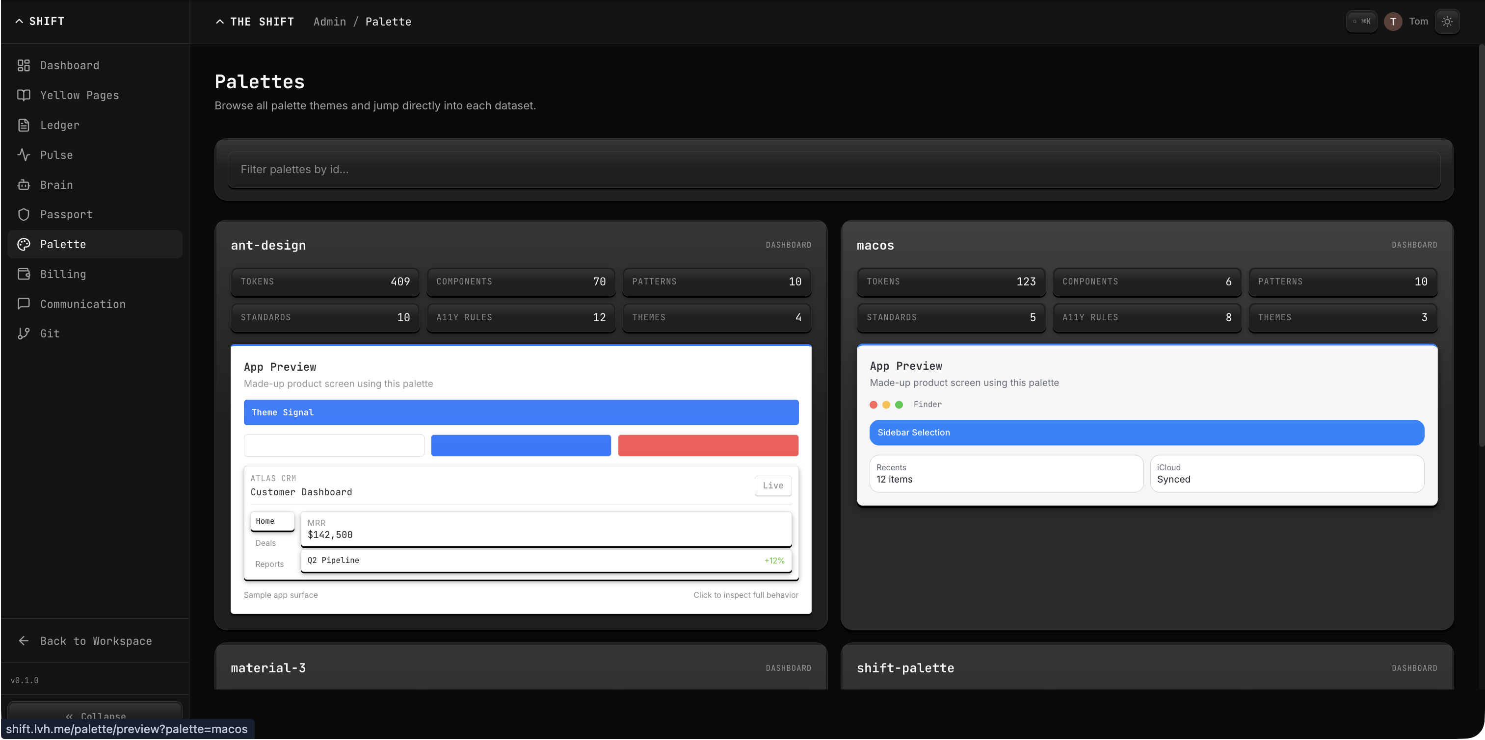 Palette admin showing design system themes with app previews