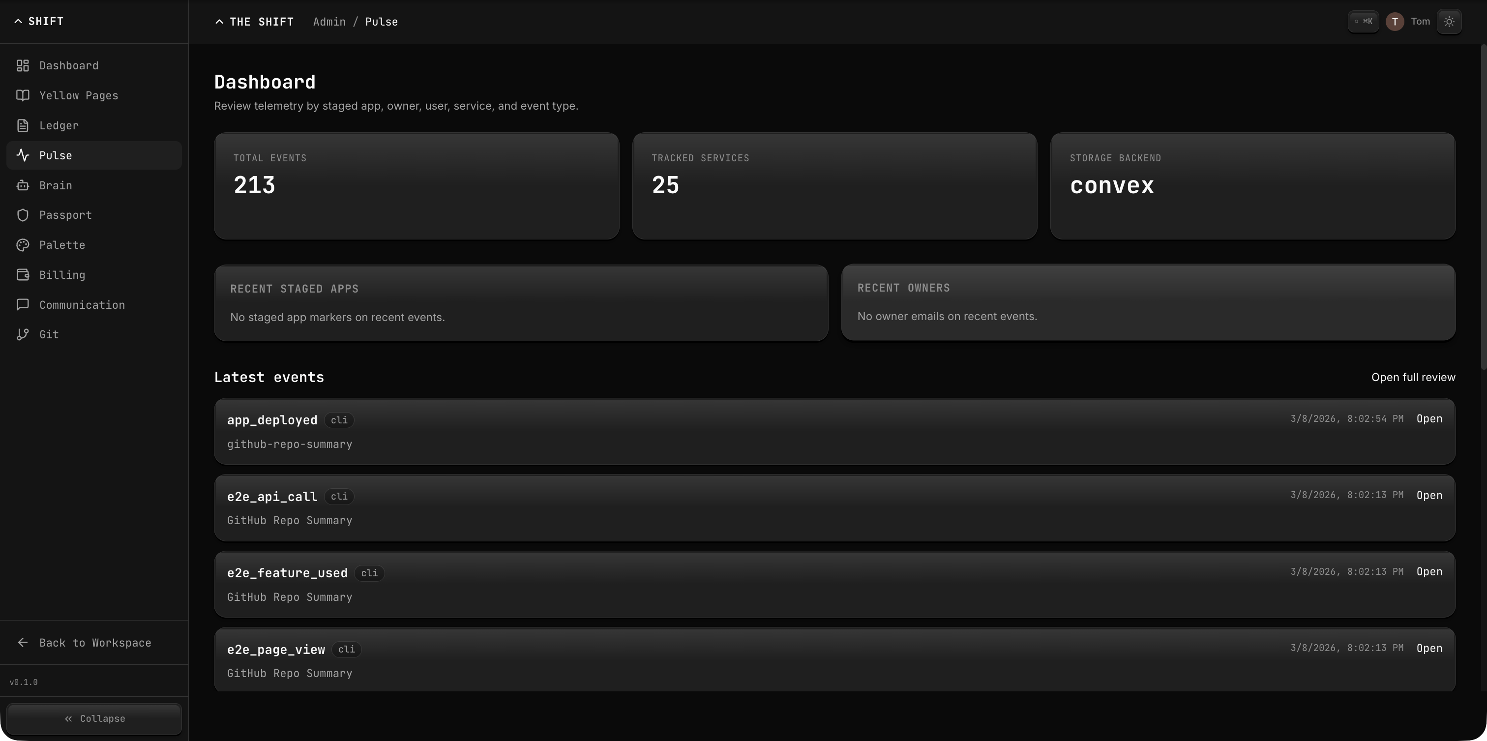 Pulse admin dashboard showing telemetry events and tracked services