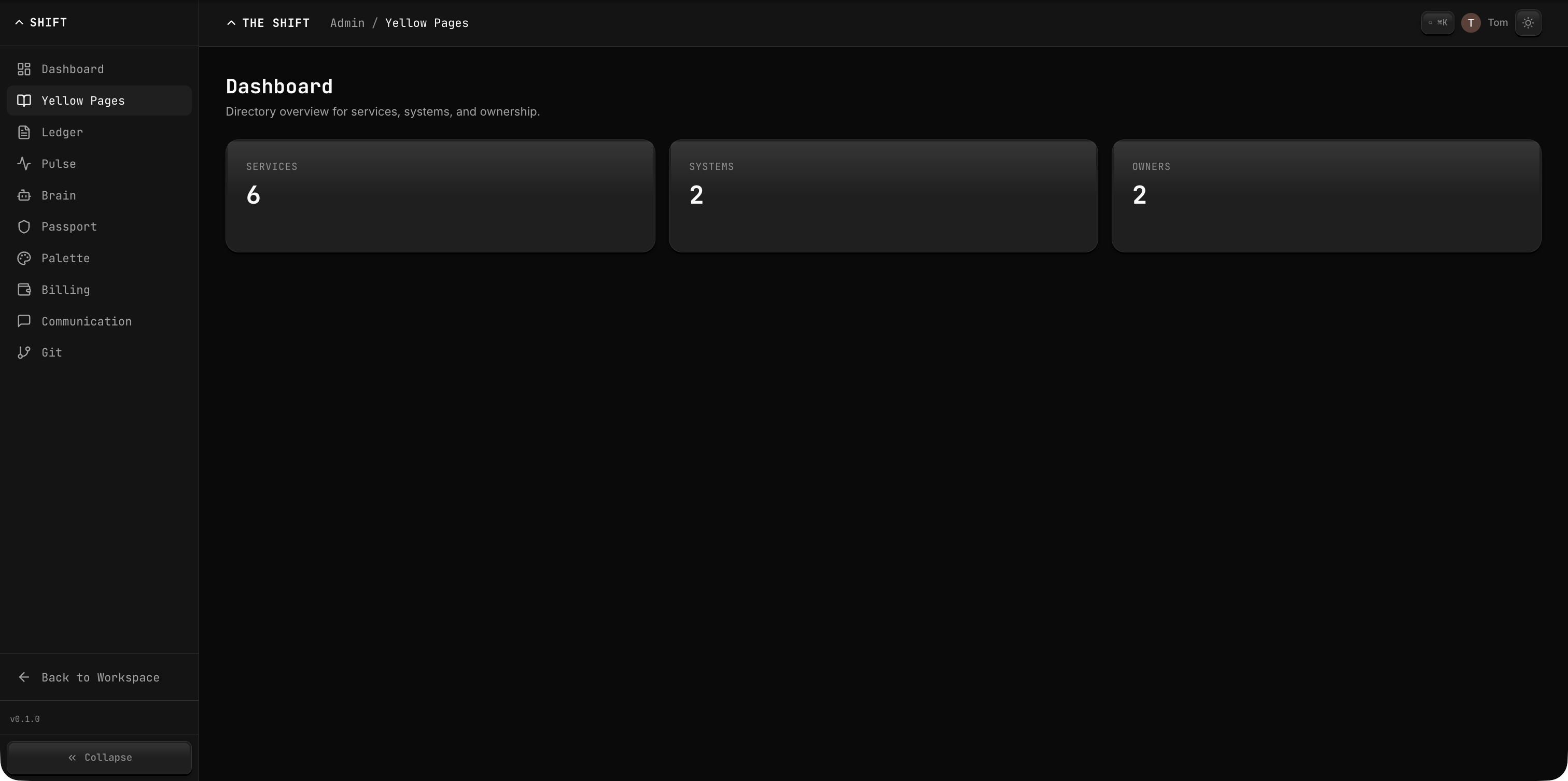 Yellow Pages admin dashboard showing services, systems, and owners