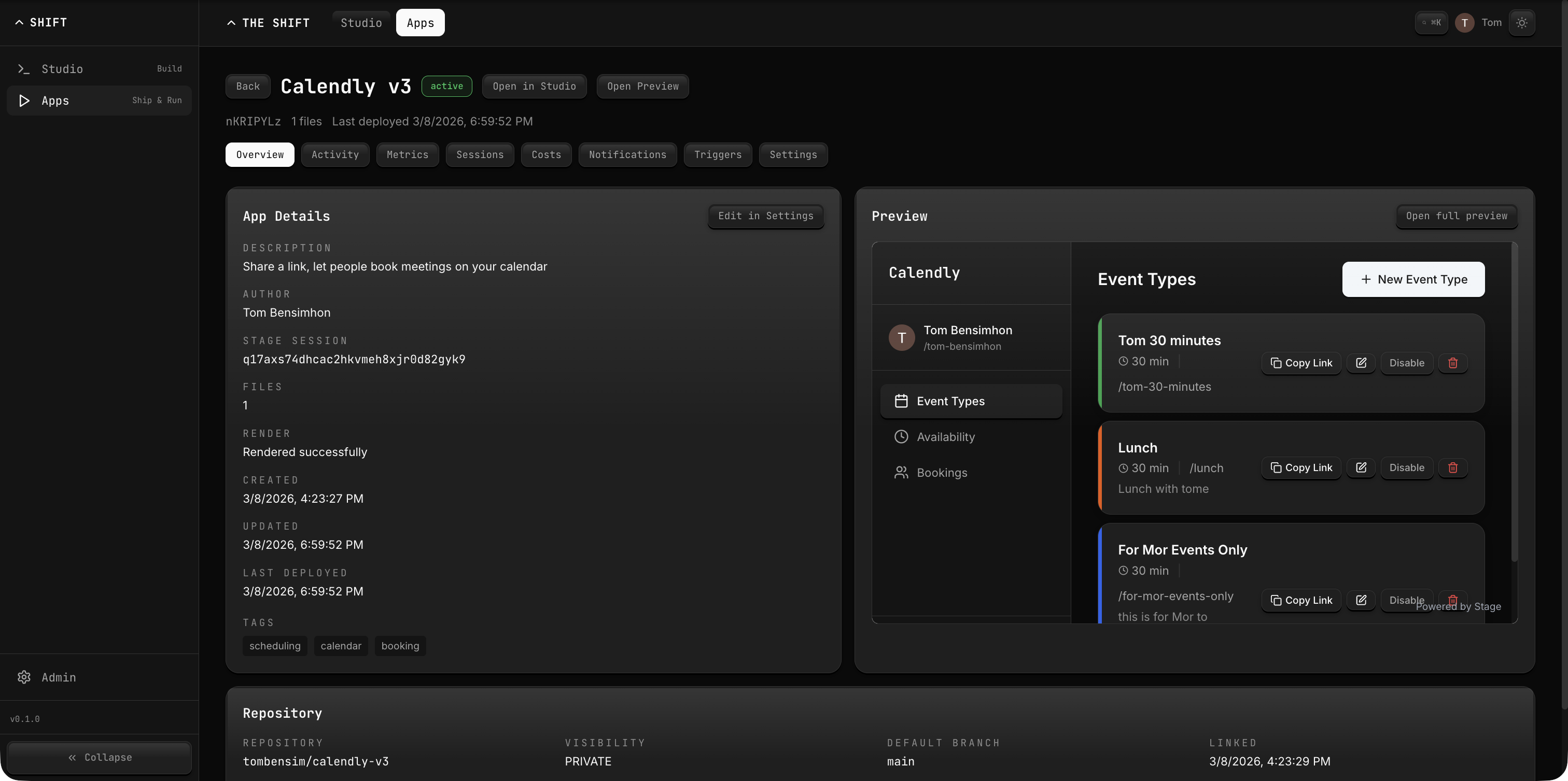 App detail page showing overview, metadata, and live preview