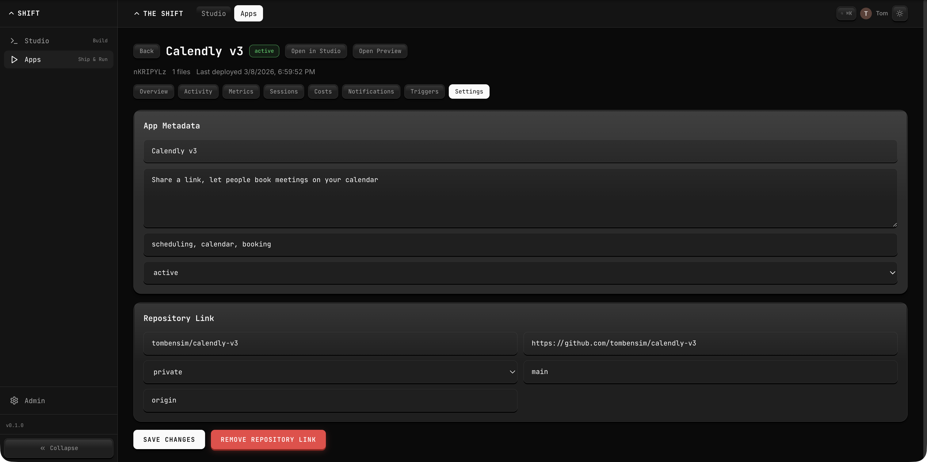 App settings page with metadata, repository link, and status controls