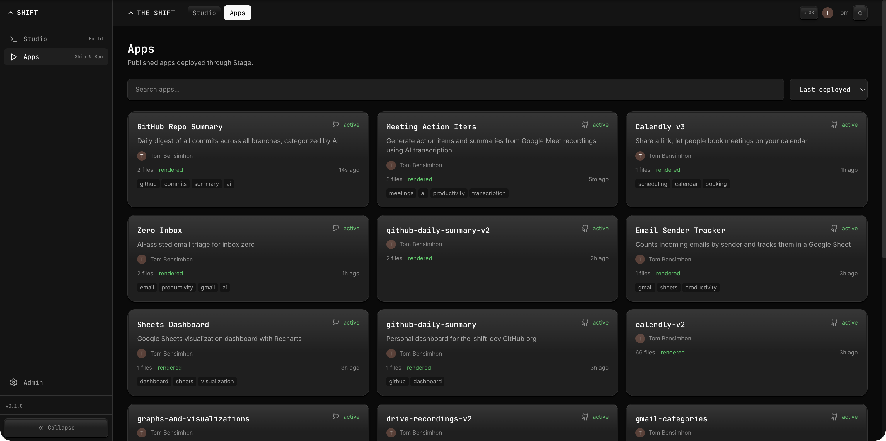 Apps catalog showing published Stage apps with metadata