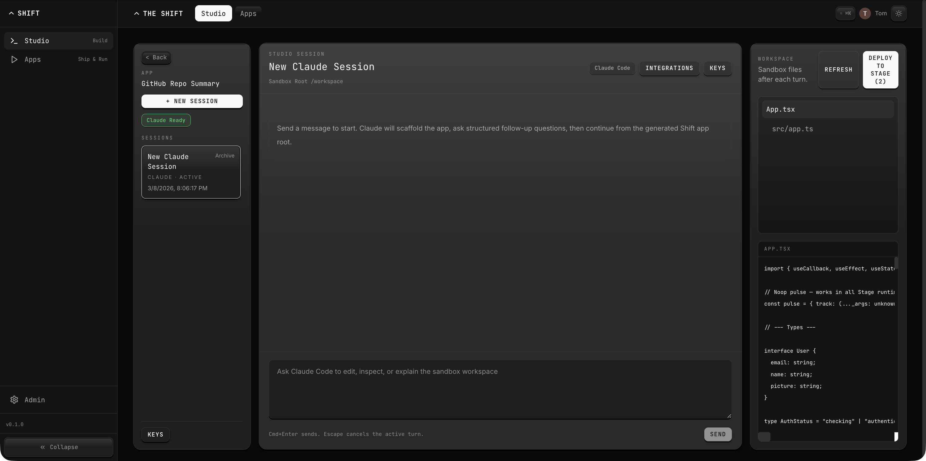 Studio editor with chat interface, session management, and code panel