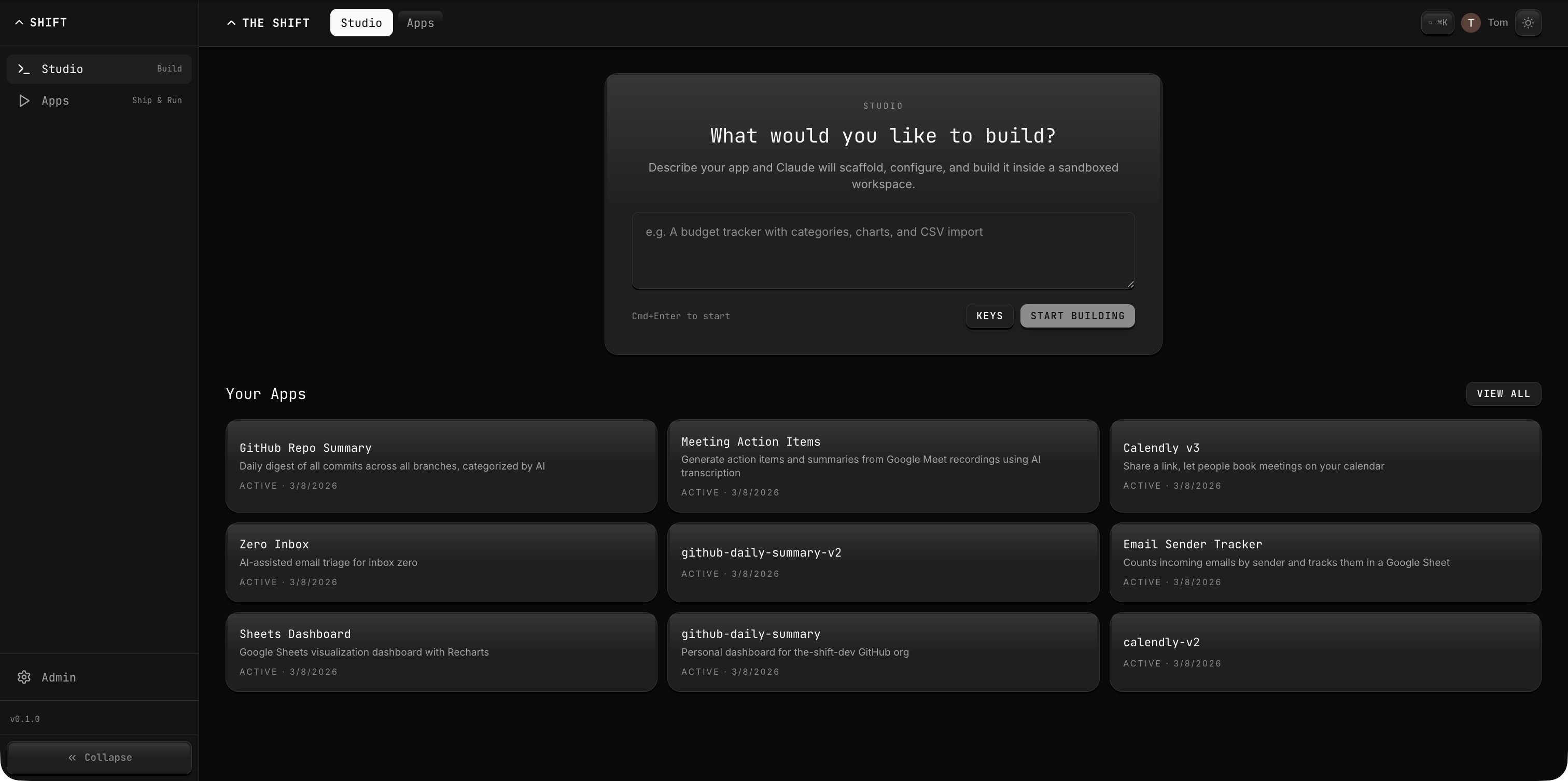 Studio landing page where users describe and build apps